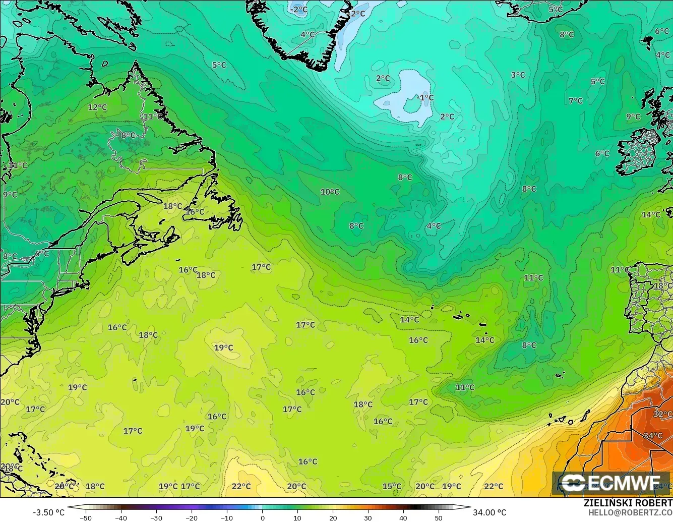 ECMWF IFS 0.25° model - North Atlantic, Temperature at 850hPa