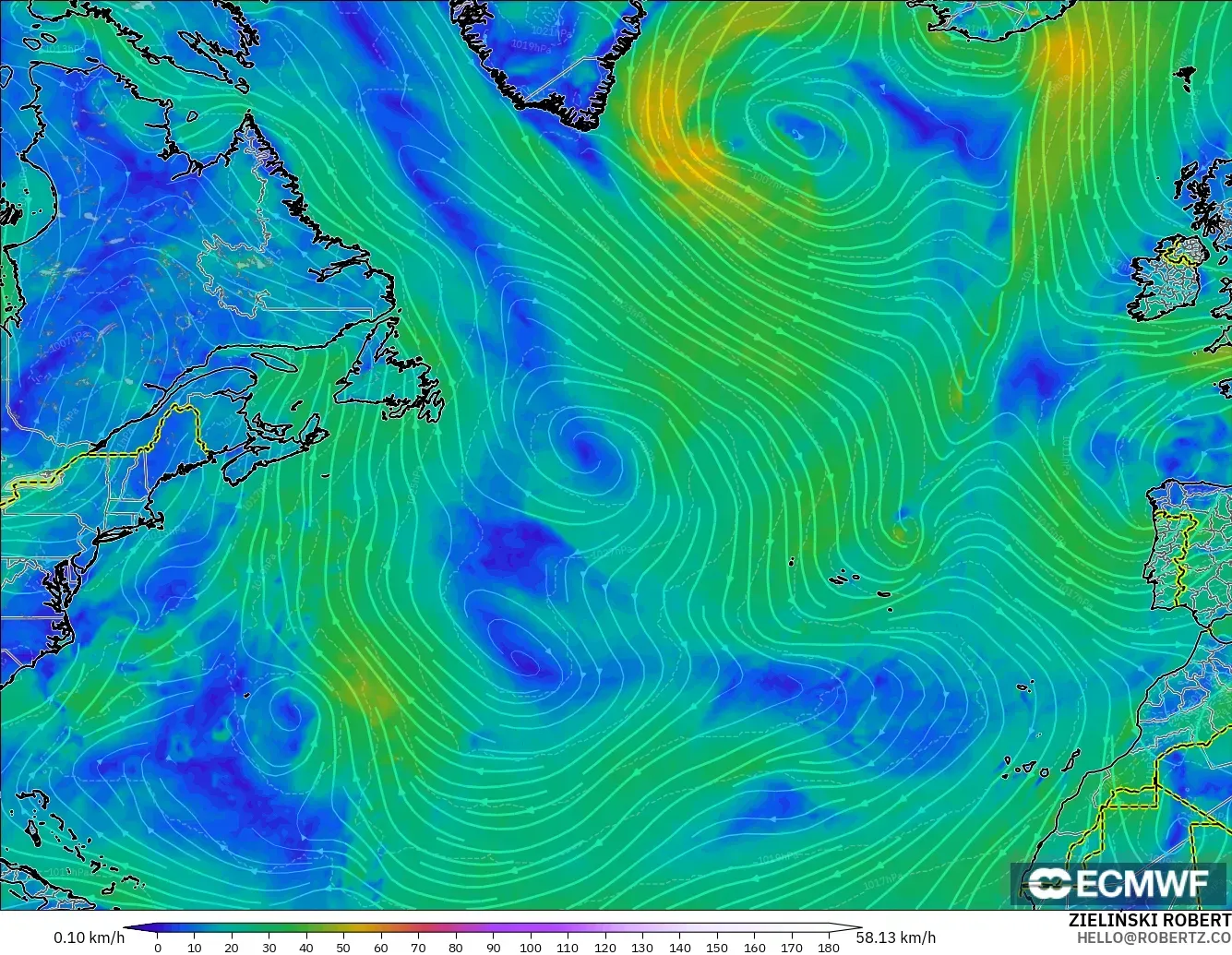 ECMWF IFS 0.25° model - North Atlantic, Wind at 10m