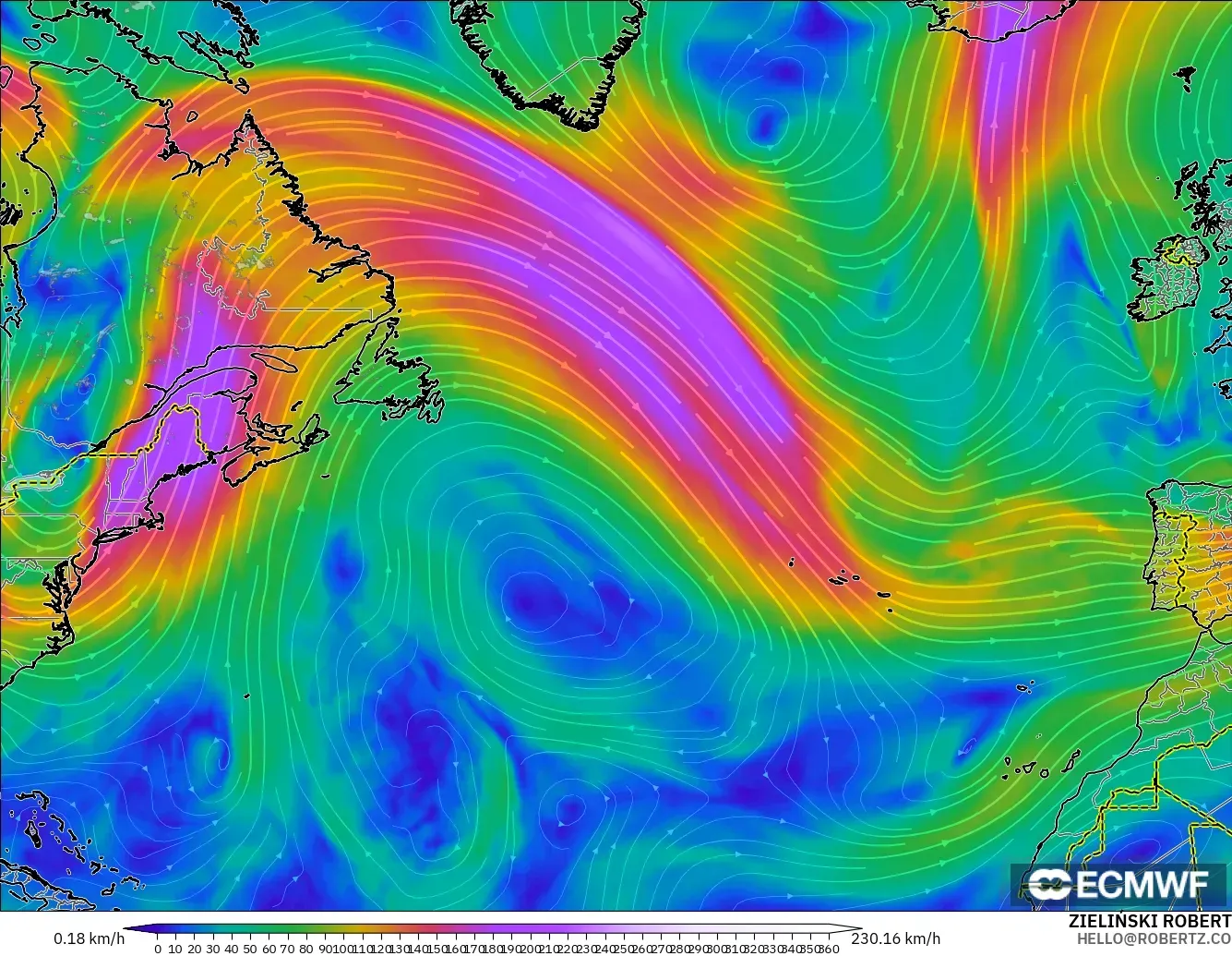 ECMWF IFS 0.25° model - North Atlantic, Wind at 300hPa (jet stream)