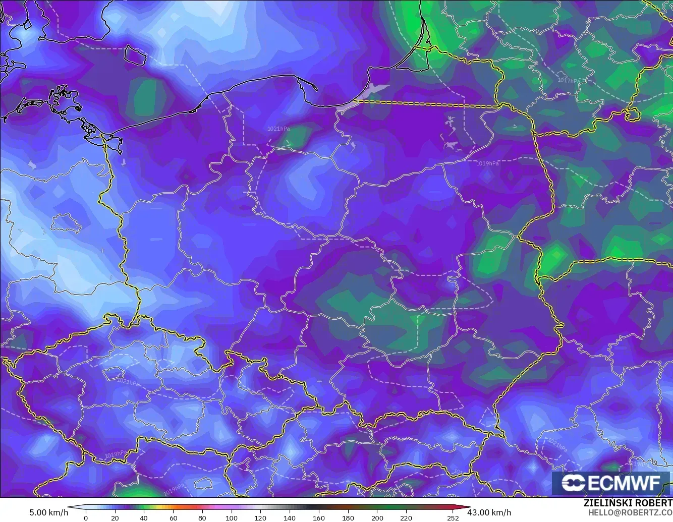 ECMWF IFS 0.25° model - Poland, Wind Gusts Peak
