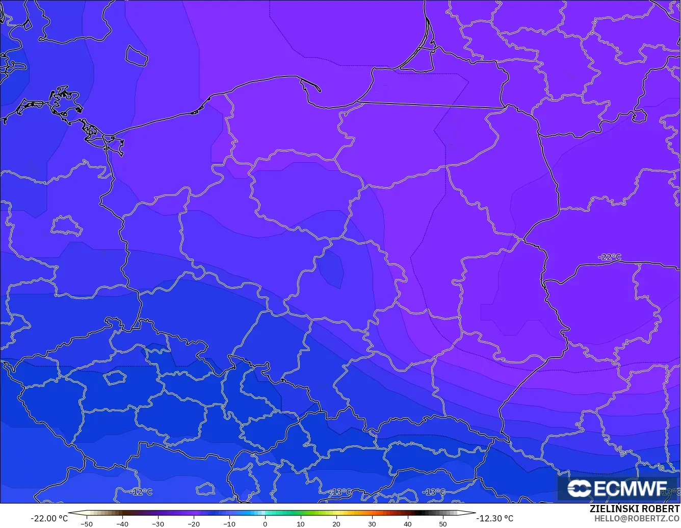 ECMWF IFS 0.25° model - Poland, Temperature at 500hPa