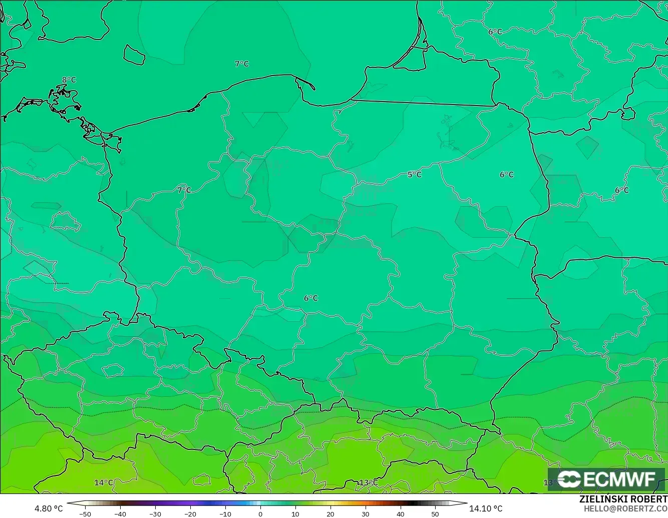 ECMWF IFS 0.25° model - Poland, Temperature at 850hPa