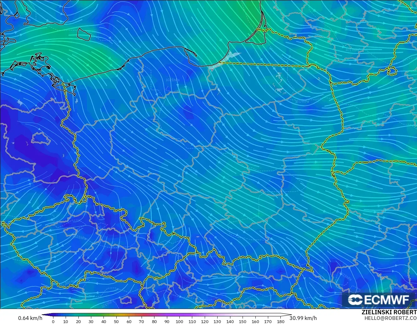 ECMWF IFS 0.25° model - Poland, Wind at 10m