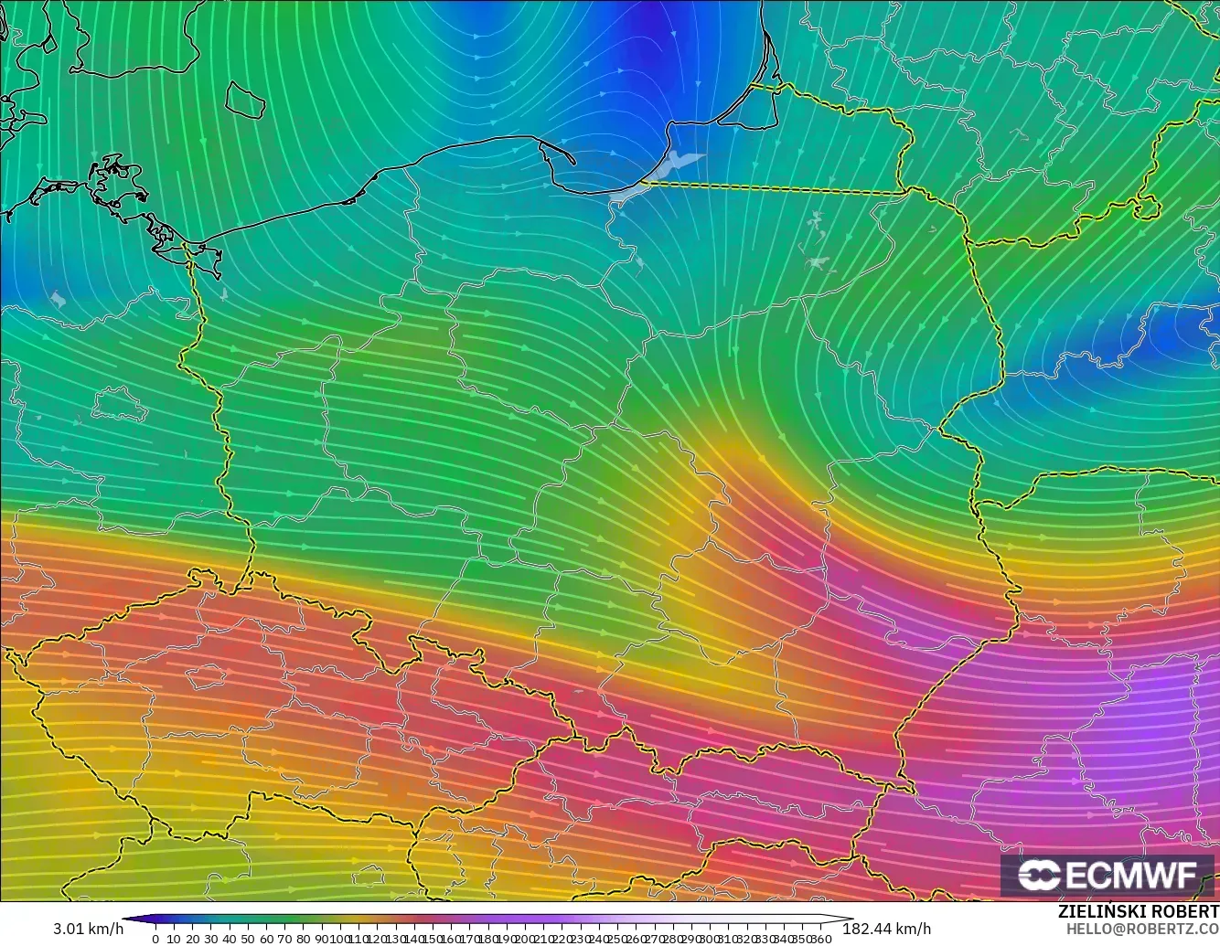 ECMWF IFS 0.25° model - Poland, Wind at 300hPa (jet stream)