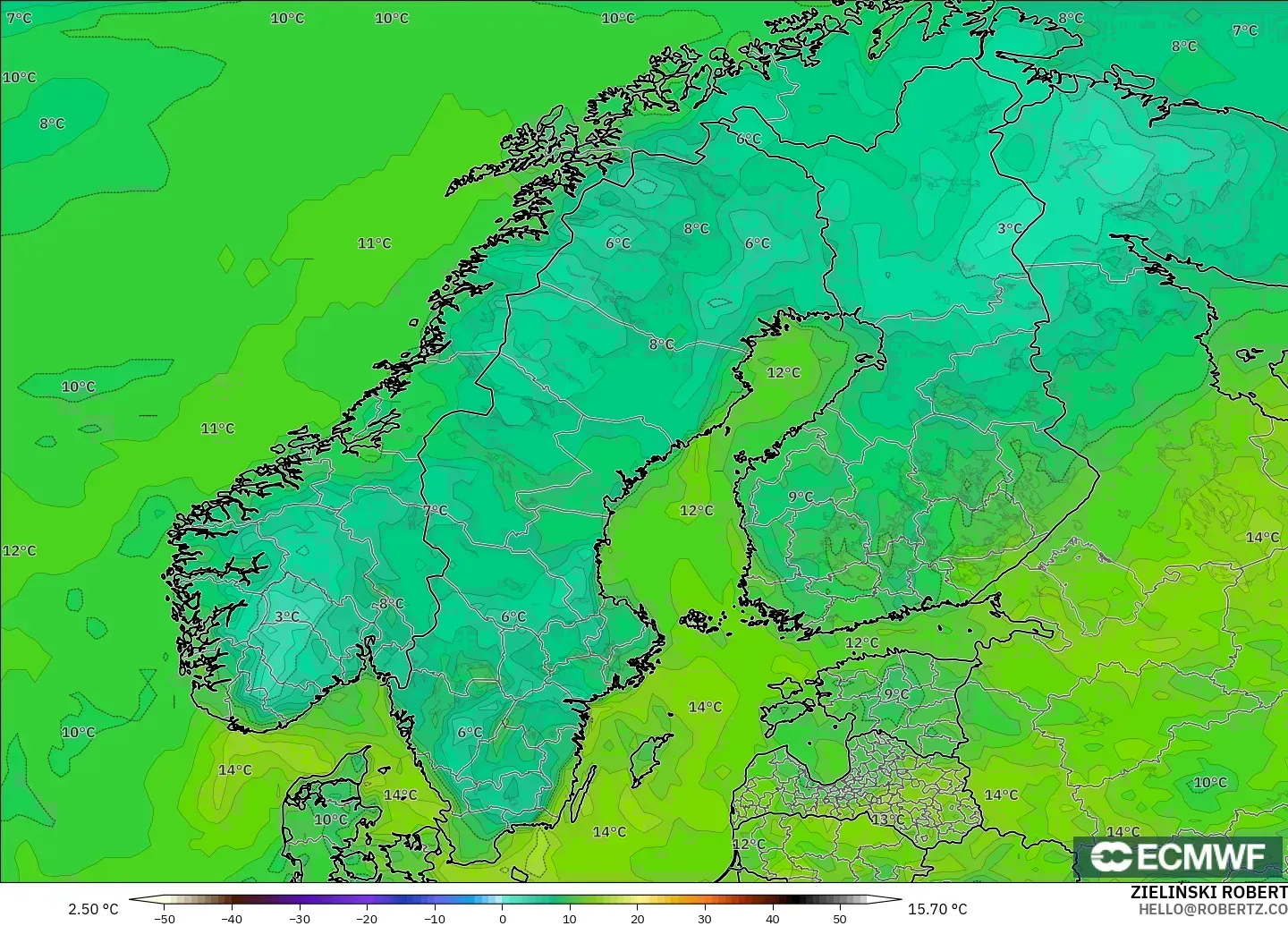 ECMWF IFS 0.25° model - Scandinavia, Dewpoint at 2m
