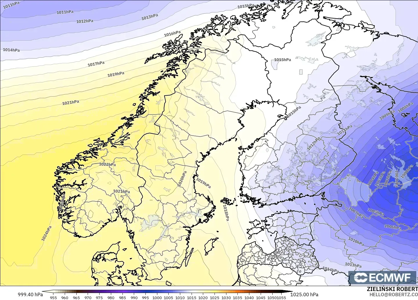 ECMWF IFS 0.25° model - Scandinavia, Pressure