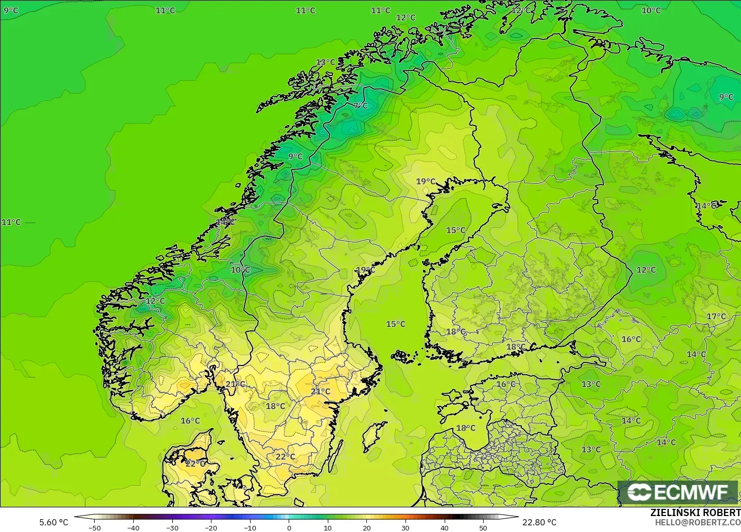 ECMWF IFS 0.25° model - Scandinavia, Temperature at 2m
