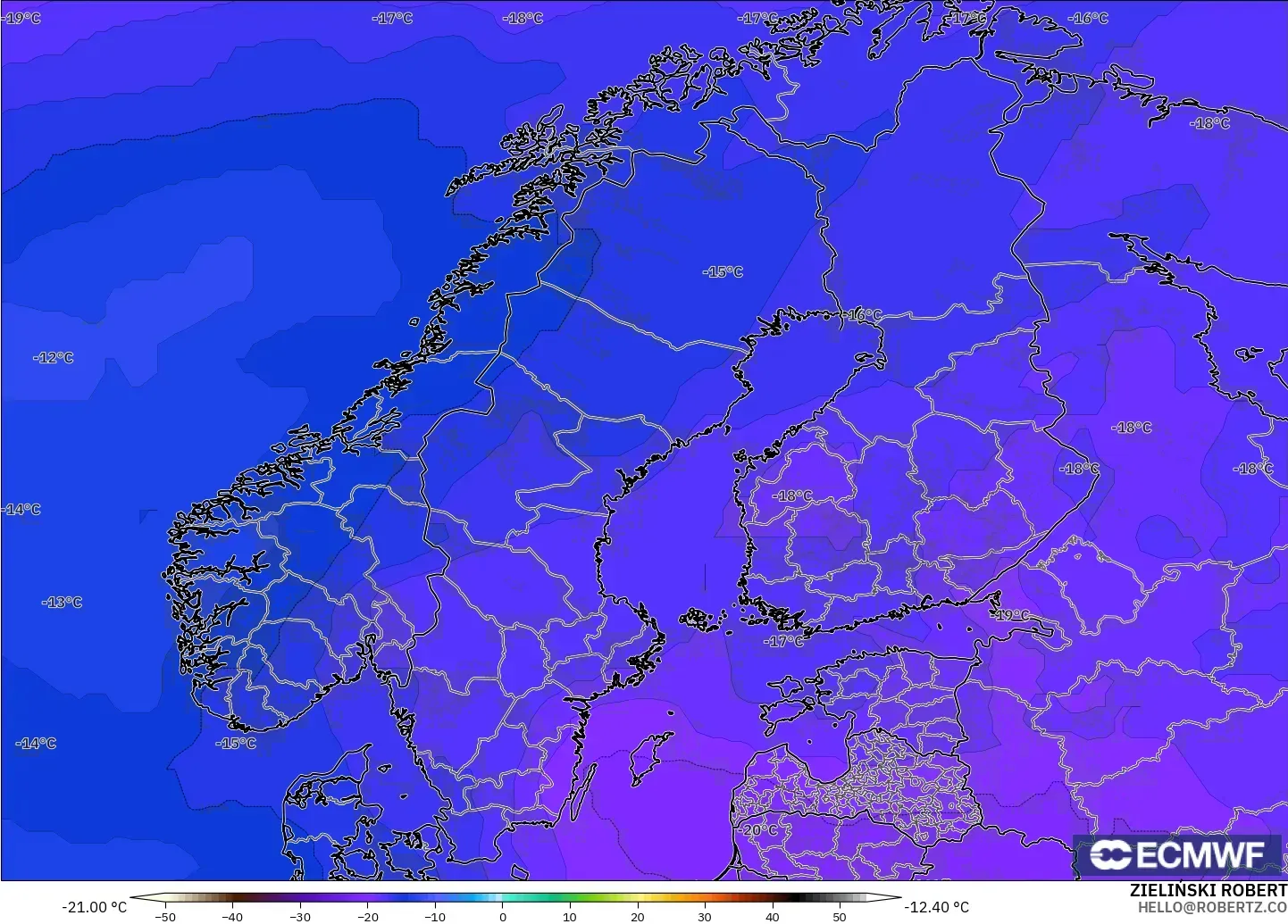 ECMWF IFS 0.25° model - Scandinavia, Temperature at 500hPa
