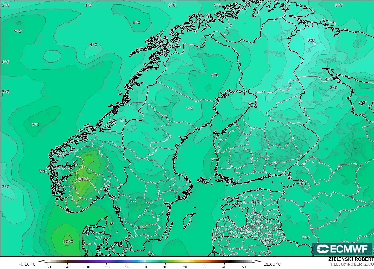 ECMWF IFS 0.25° model - Scandinavia, Temperature at 850hPa
