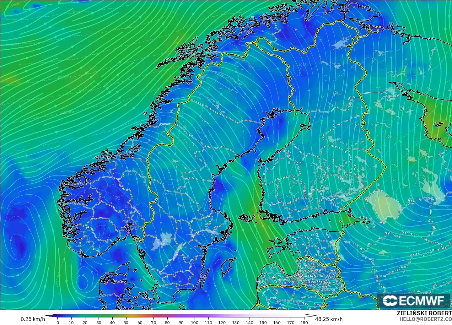 ECMWF IFS 0.25° model - Scandinavia, Wind at 10m