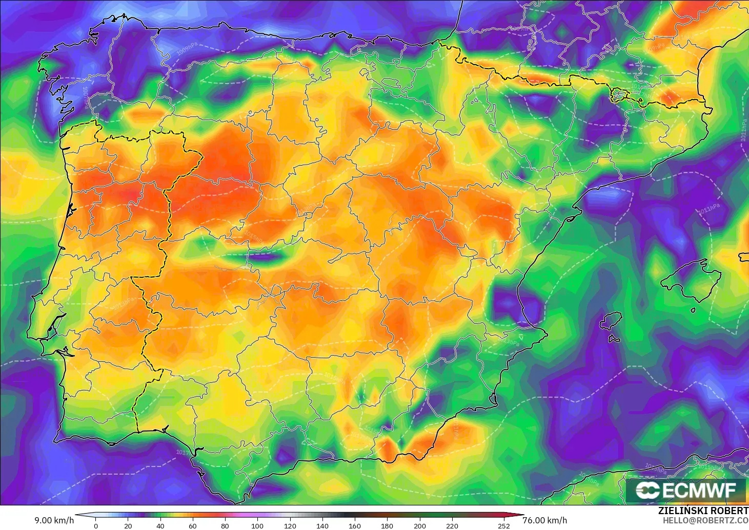 ECMWF IFS 0.25° model - Spain, Wind Gusts