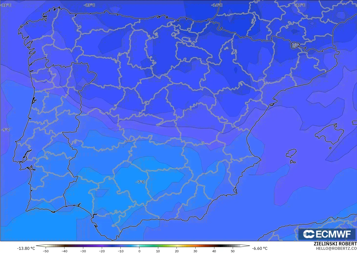 ECMWF IFS 0.25° model - Spain, Temperature at 500hPa