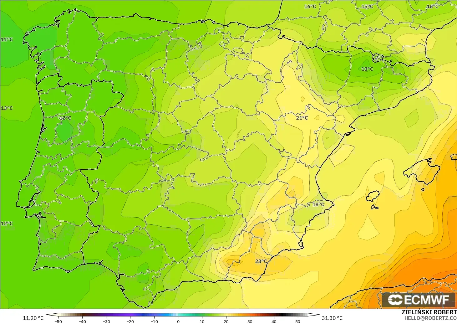 ECMWF IFS 0.25° model - Spain, Temperature at 850hPa