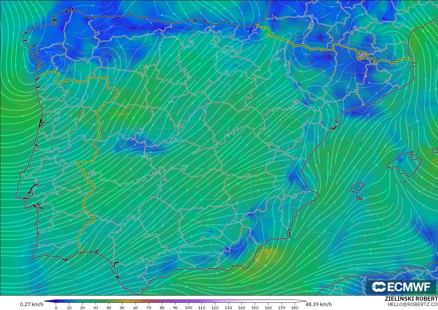 ECMWF IFS 0.25° model - Spain, Wind at 10m