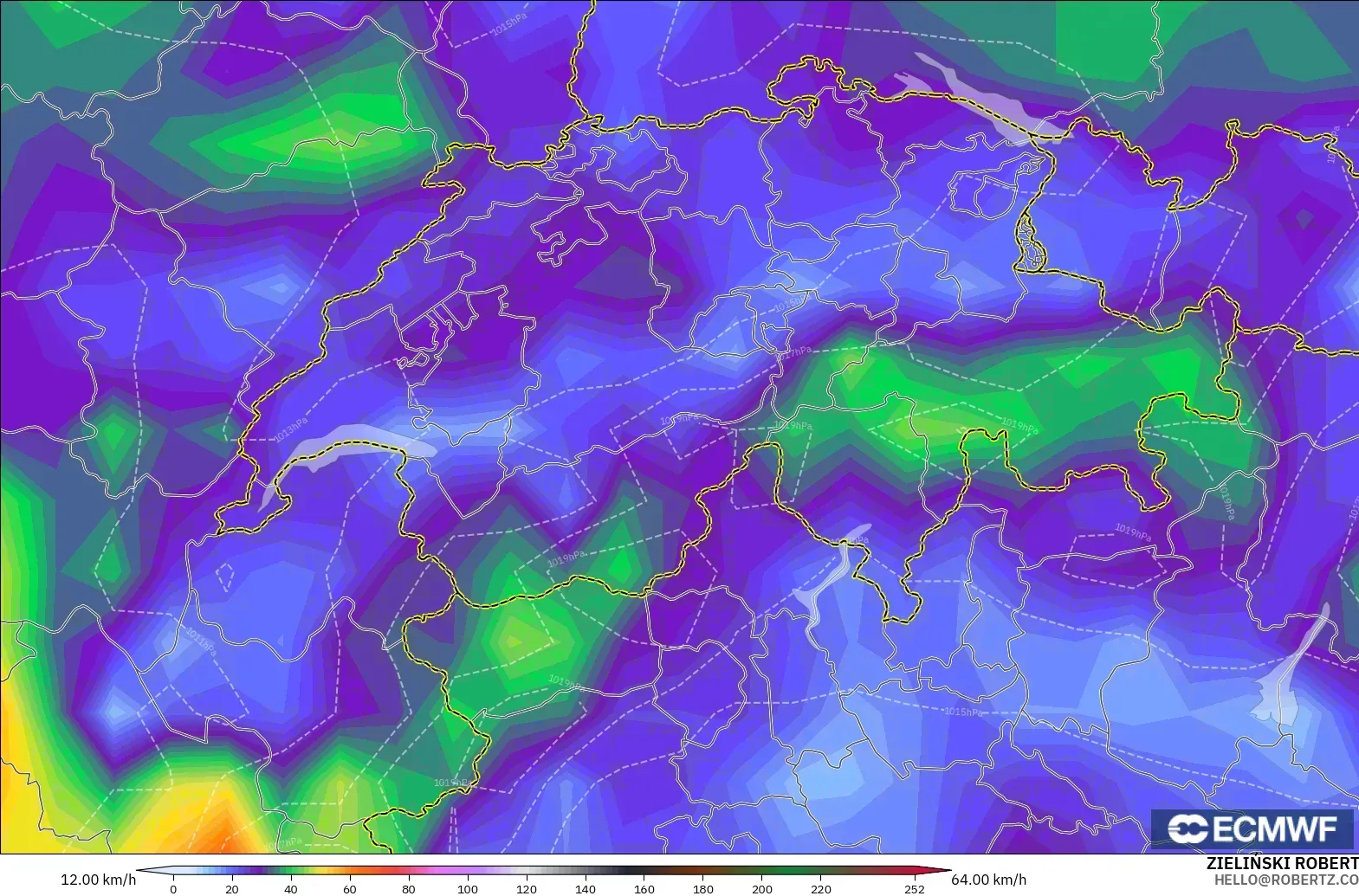 ECMWF IFS 0.25° model - Switzerland, Wind Gusts Peak