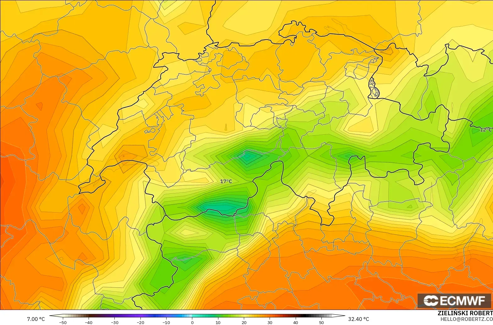 ECMWF IFS 0.25° model - Switzerland, Temperature at 2m