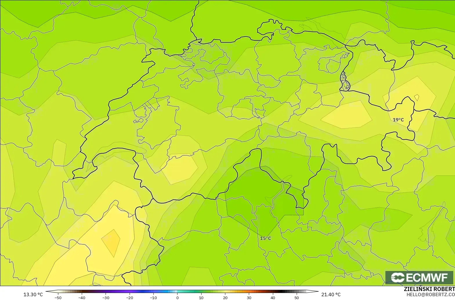ECMWF IFS 0.25° model - Switzerland, Temperature at 850hPa
