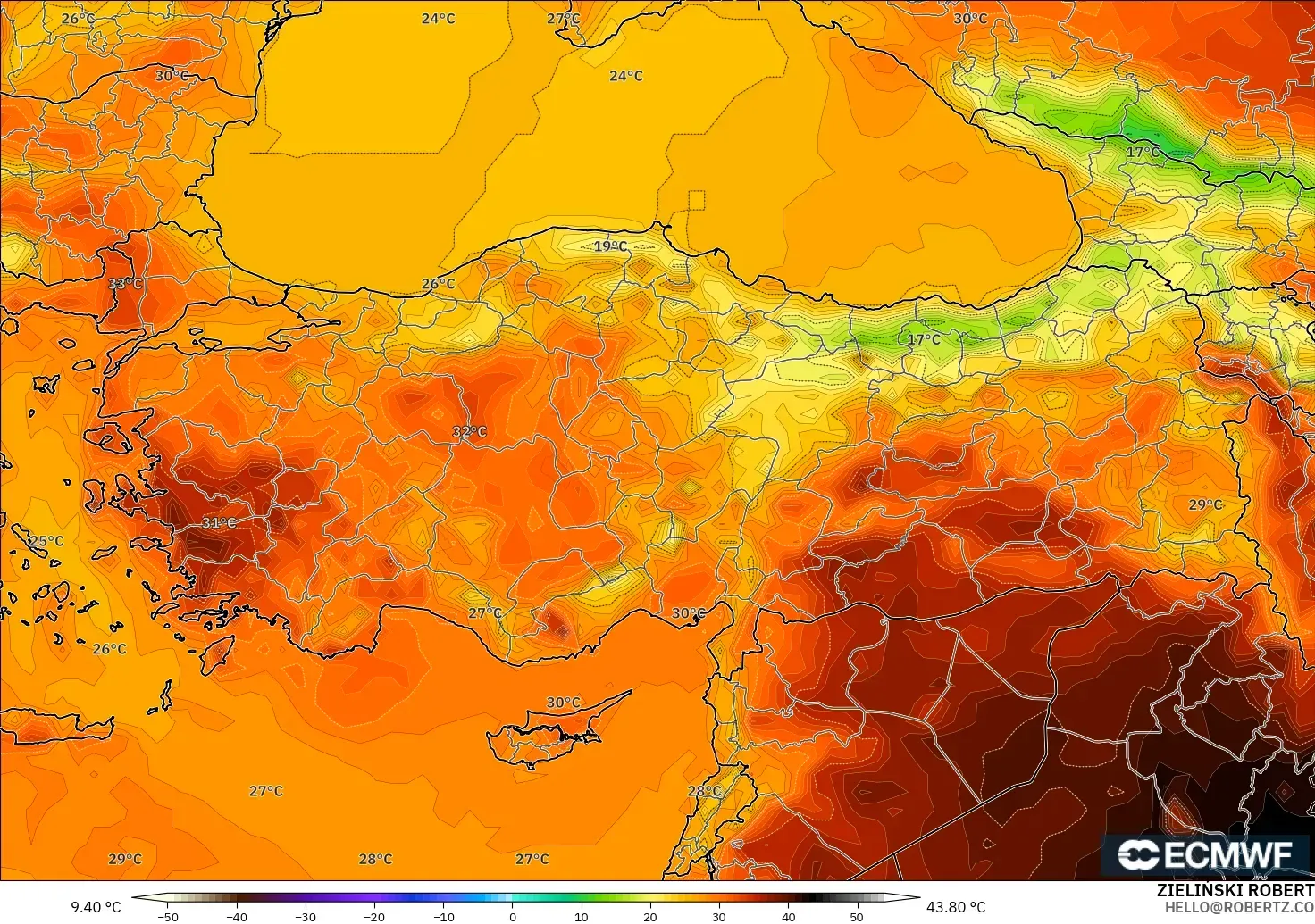 ECMWF IFS 0.25° model - Turkey, Temperature at 2m