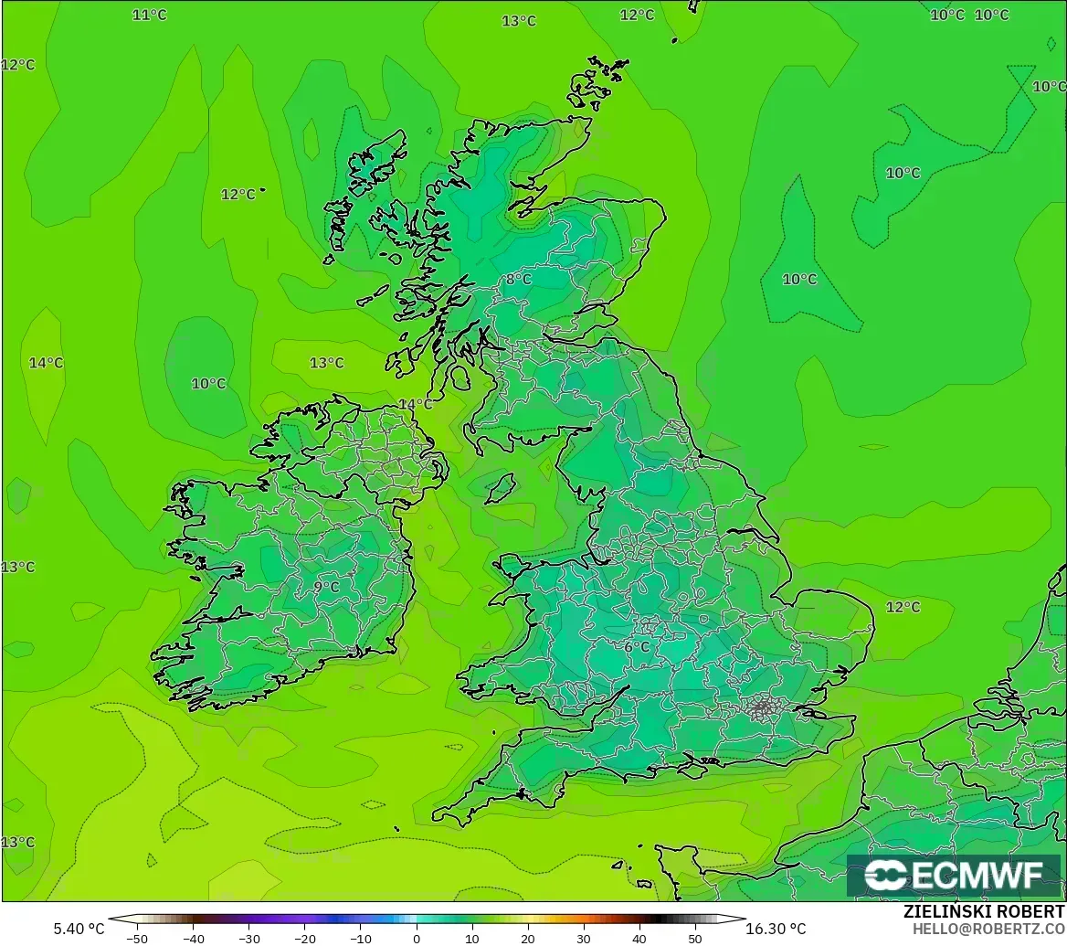 ECMWF IFS 0.25° model - United Kingdom, Dewpoint at 2m