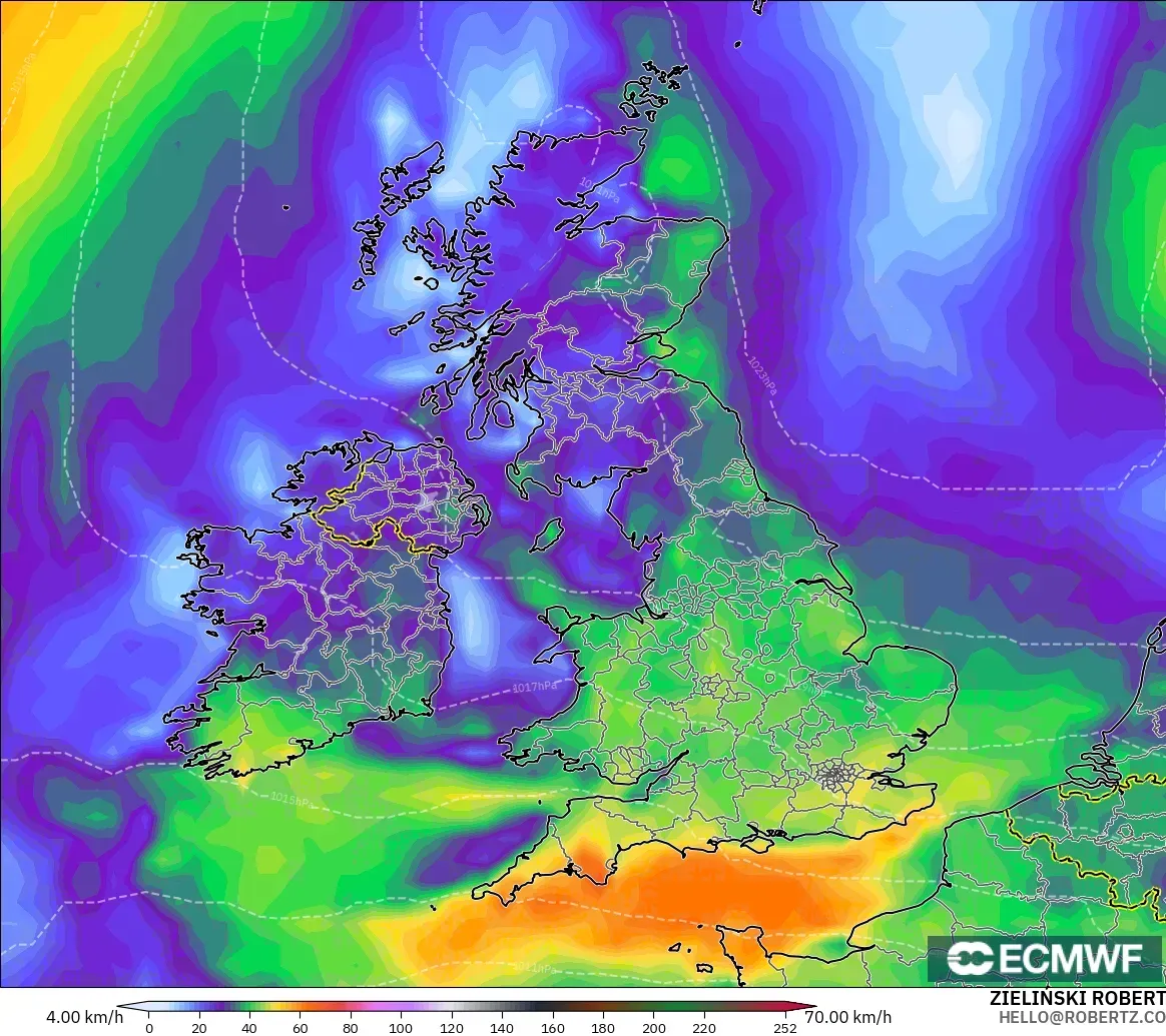 ECMWF IFS 0.25° model - United Kingdom, Wind Gusts Peak