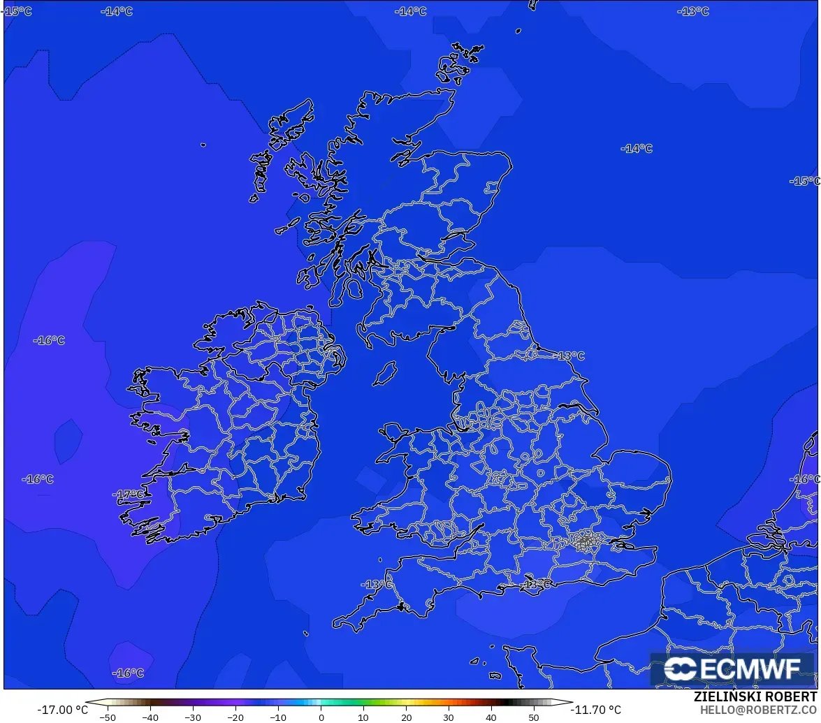 ECMWF IFS 0.25° model - United Kingdom, Temperature at 500hPa