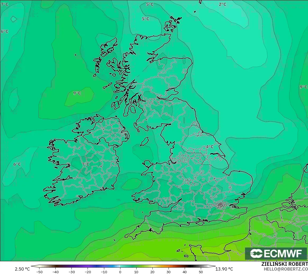 ECMWF IFS 0.25° model - United Kingdom, Temperature at 850hPa