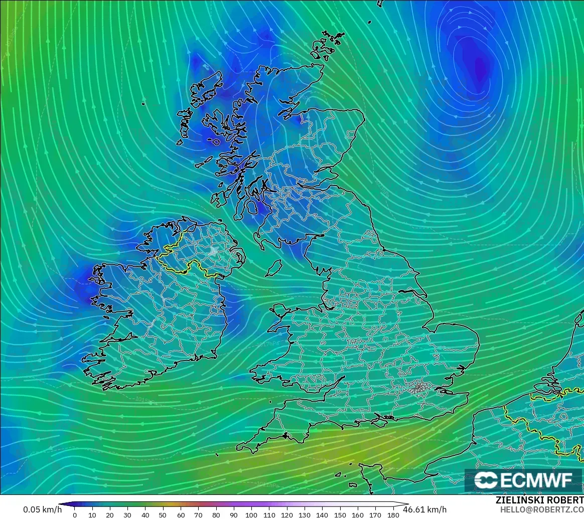 ECMWF IFS 0.25° model - United Kingdom, Wind at 10m