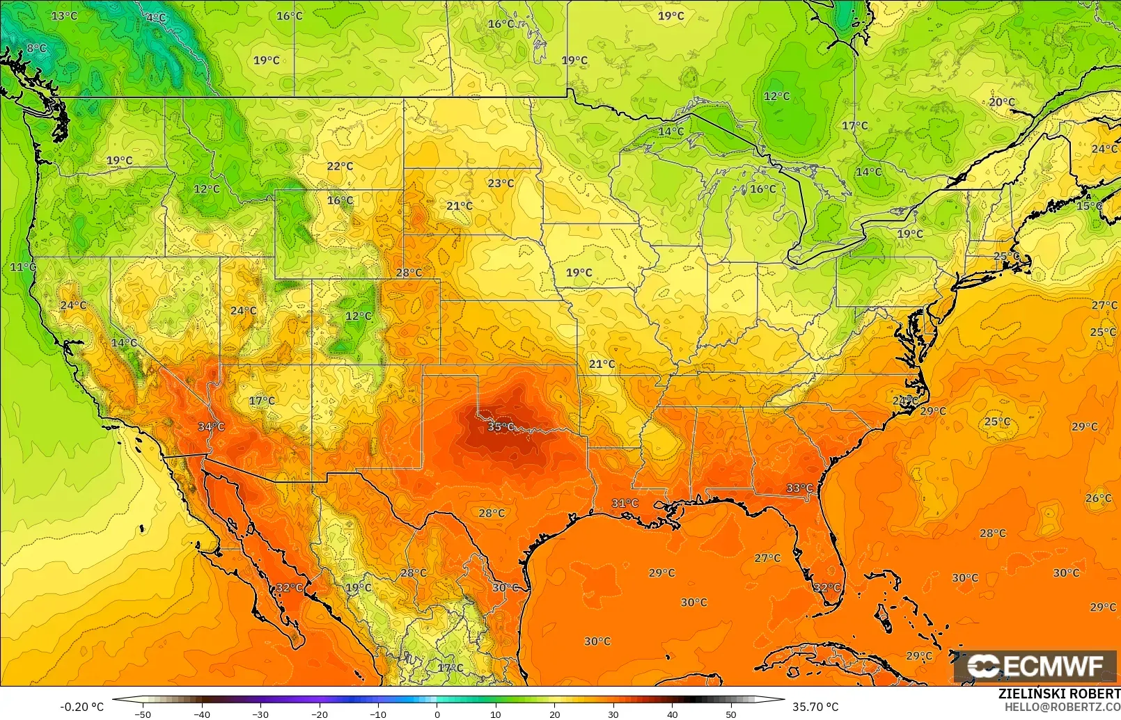 ECMWF IFS 0.25° model - United States, Temperature at 2m