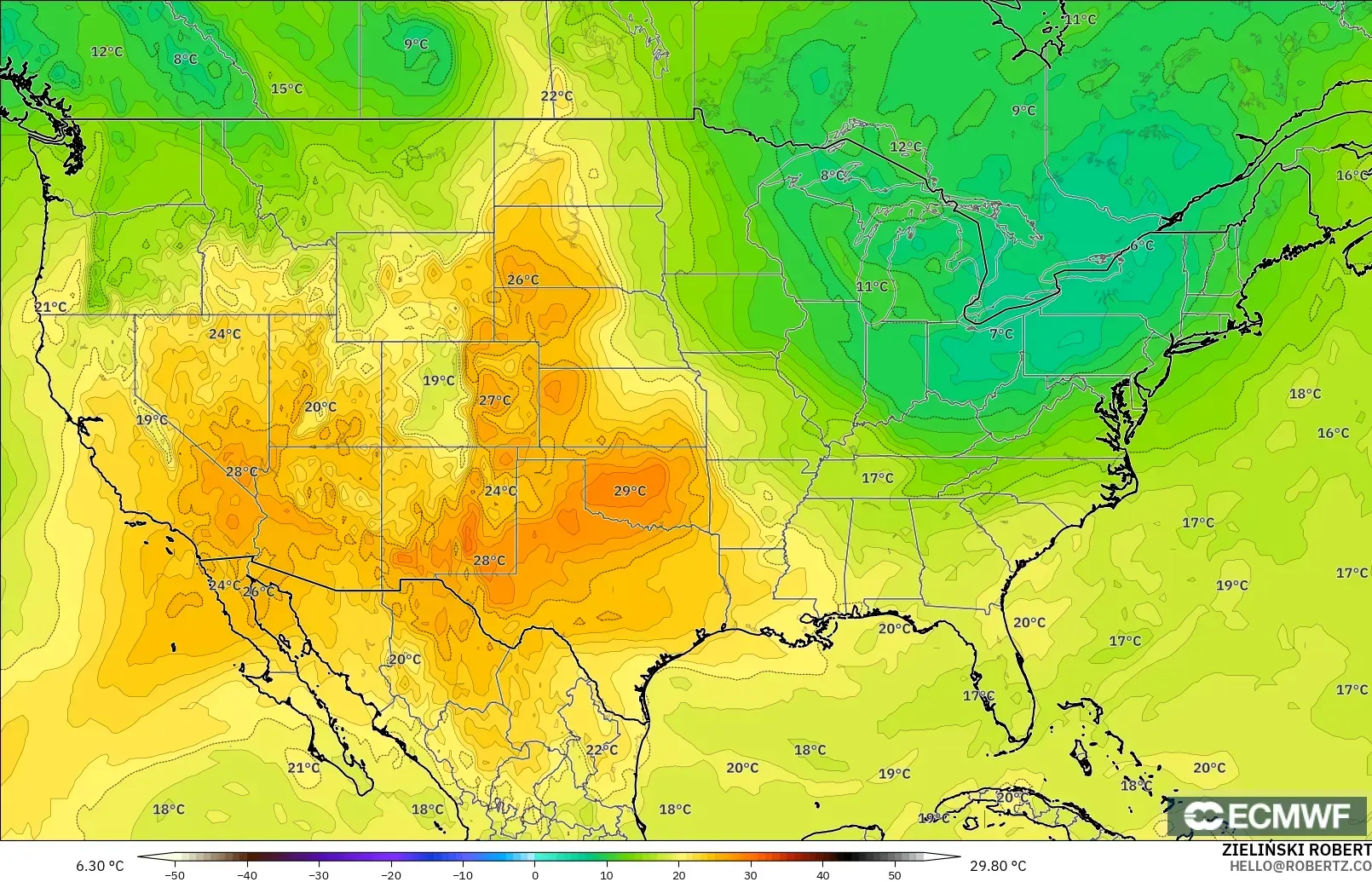 ECMWF IFS 0.25° model - United States, Temperature at 850hPa