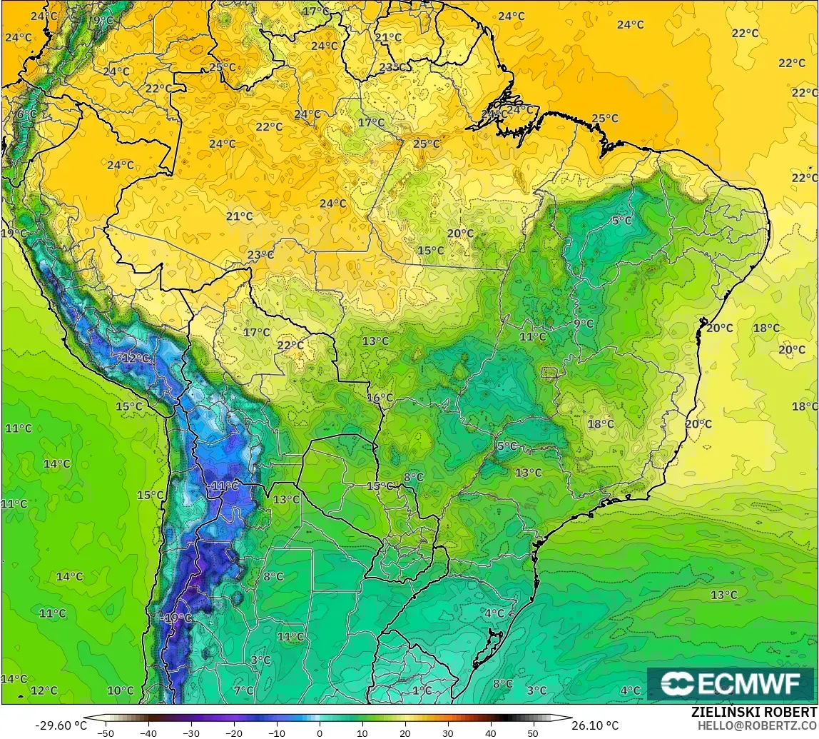 ECMWF IFS 0.25° model - Brazil, Dewpoint at 2m