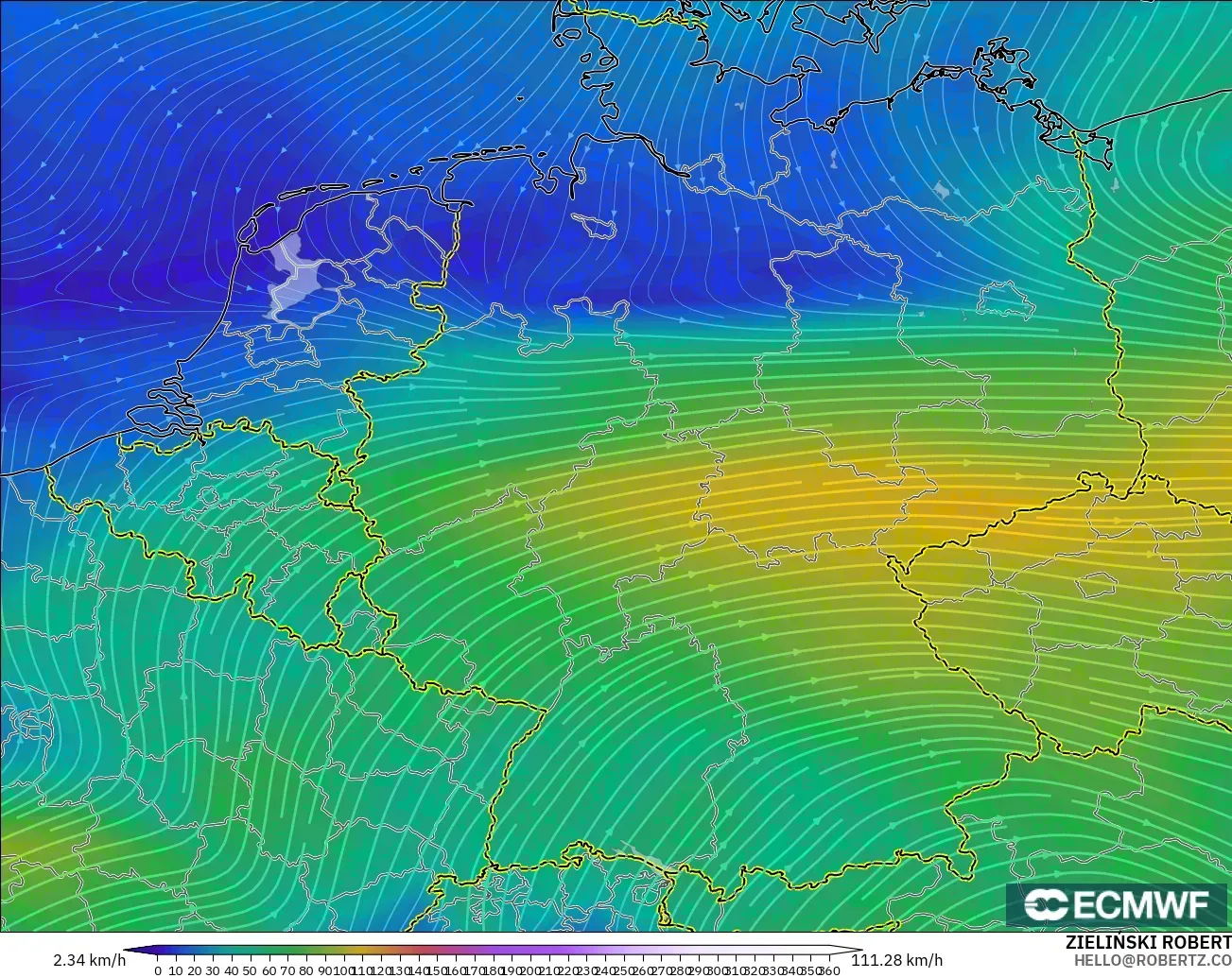 ECMWF IFS 0.25° model - Germany, Wind at 300hPa (jet stream)