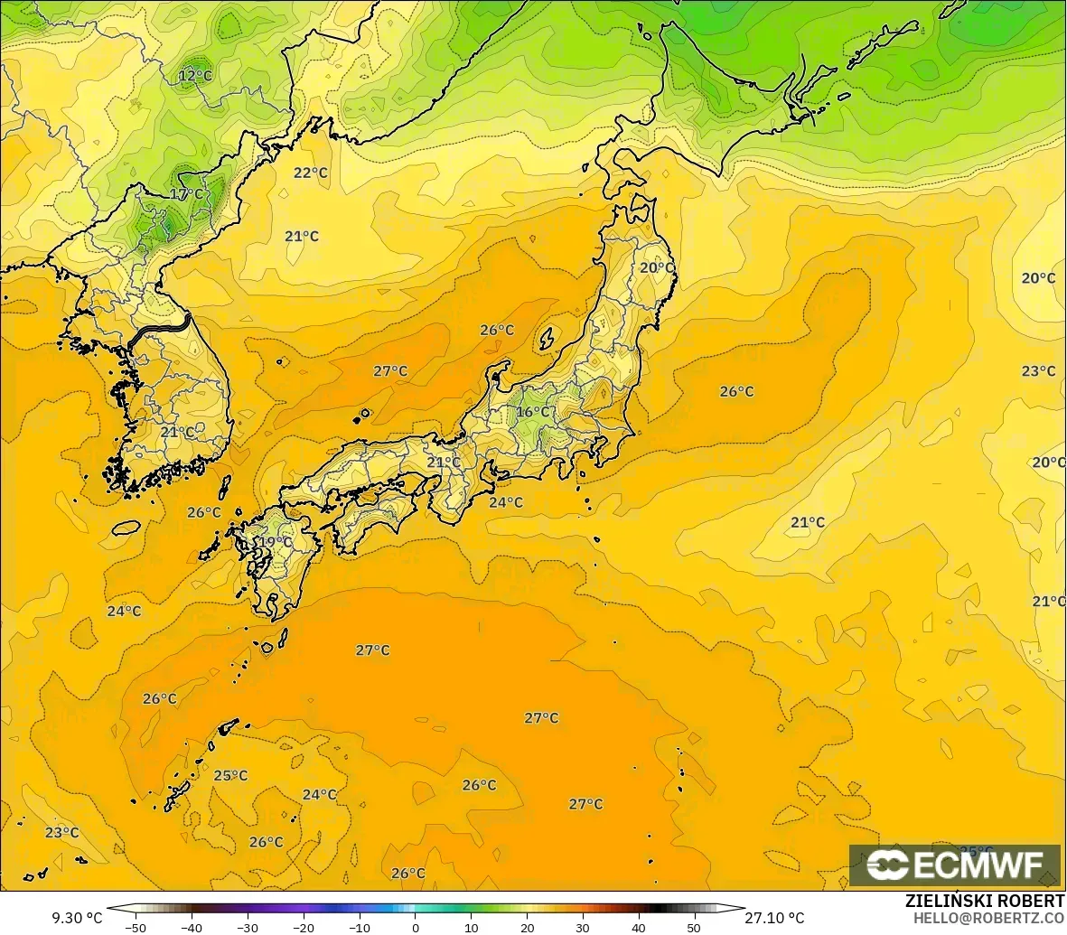ECMWF IFS 0.25° model - Japan, Dewpoint at 2m
