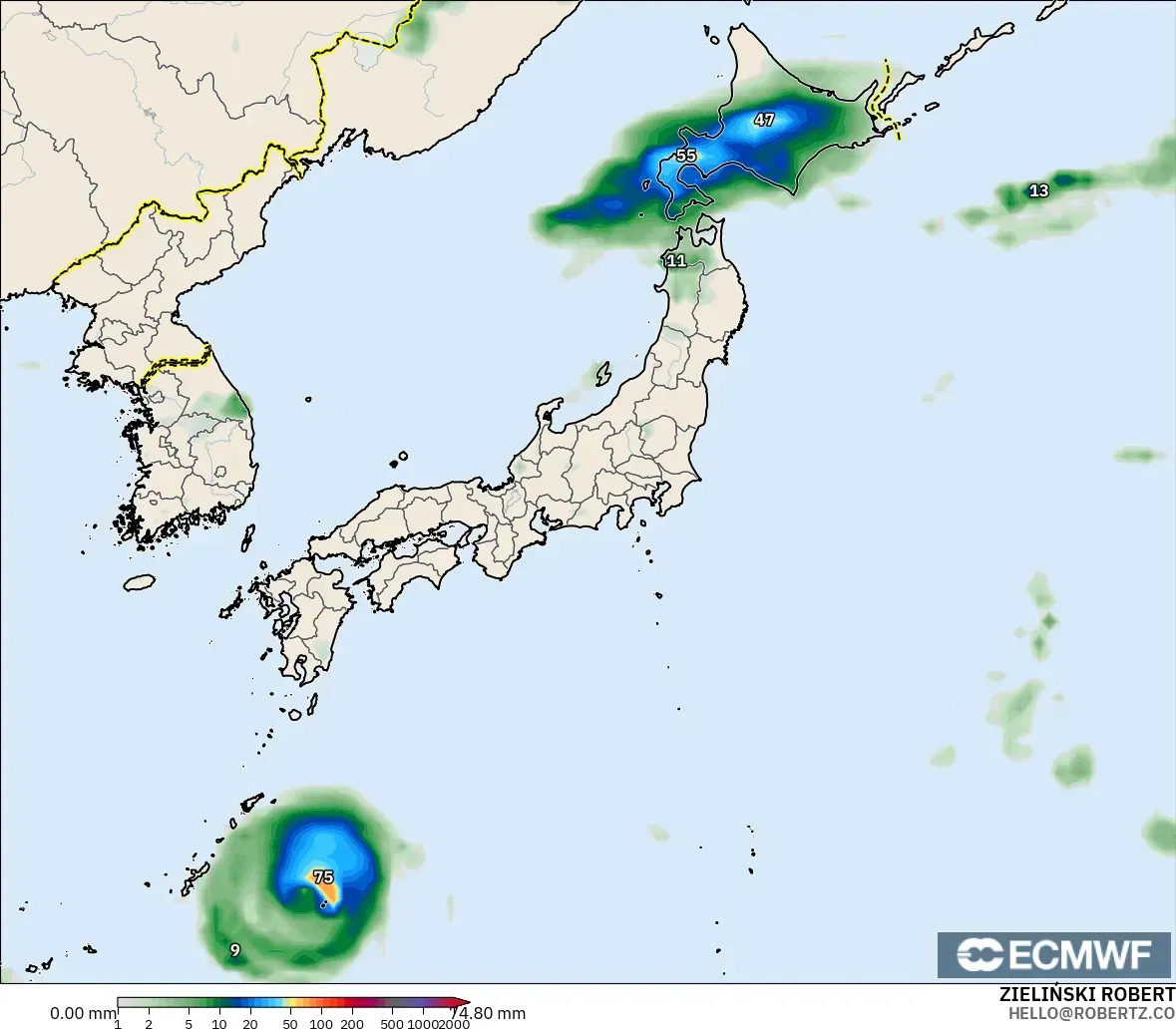 ECMWF IFS 0.25° model - Japan, Precipitation Accumulation