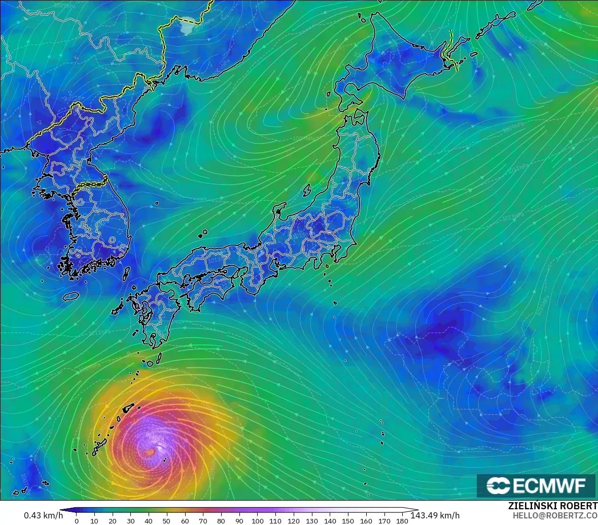 ECMWF IFS 0.25° model - Japan, Wind at 10m