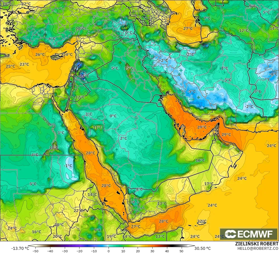 ECMWF IFS 0.25° model - Middle East, Dewpoint at 2m