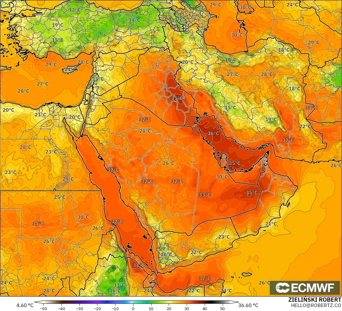 ECMWF IFS 0.25° model - Middle East, Temperature at 2m