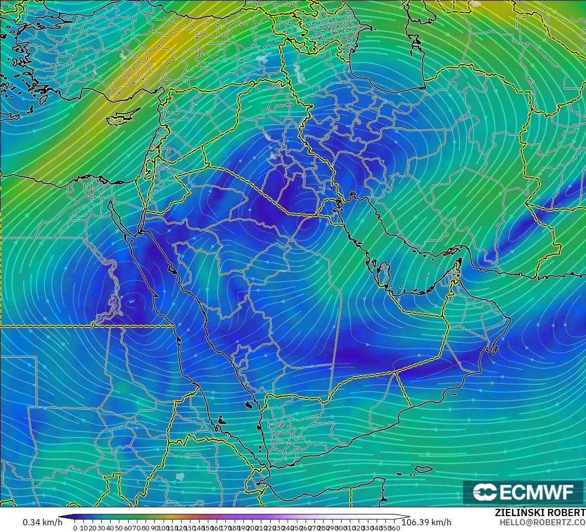 ECMWF IFS 0.25° model - Middle East, Wind at 300hPa (jet stream)