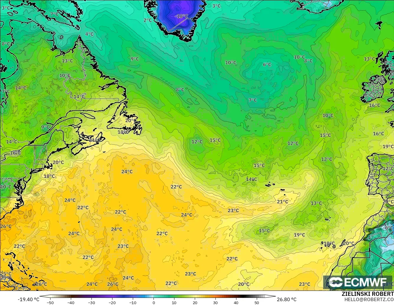 ECMWF IFS 0.25° model - North Atlantic, Dewpoint at 2m