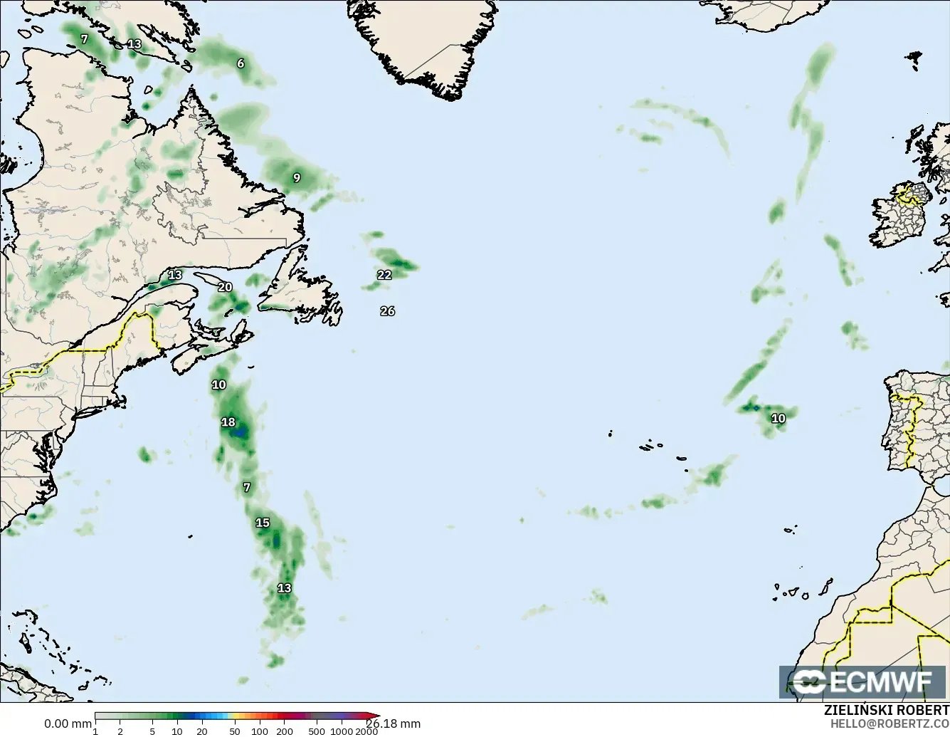ECMWF IFS 0.25° model - North Atlantic, Precipitation Accumulation