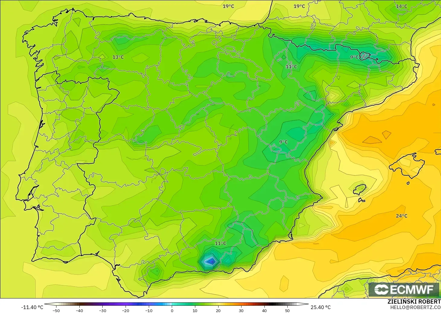 ECMWF IFS 0.25° model - Spain, Dewpoint at 2m