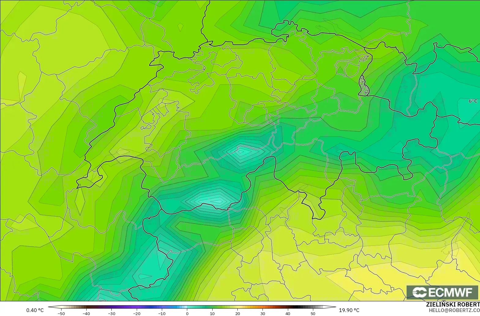 ECMWF IFS 0.25° model - Switzerland, Dewpoint at 2m