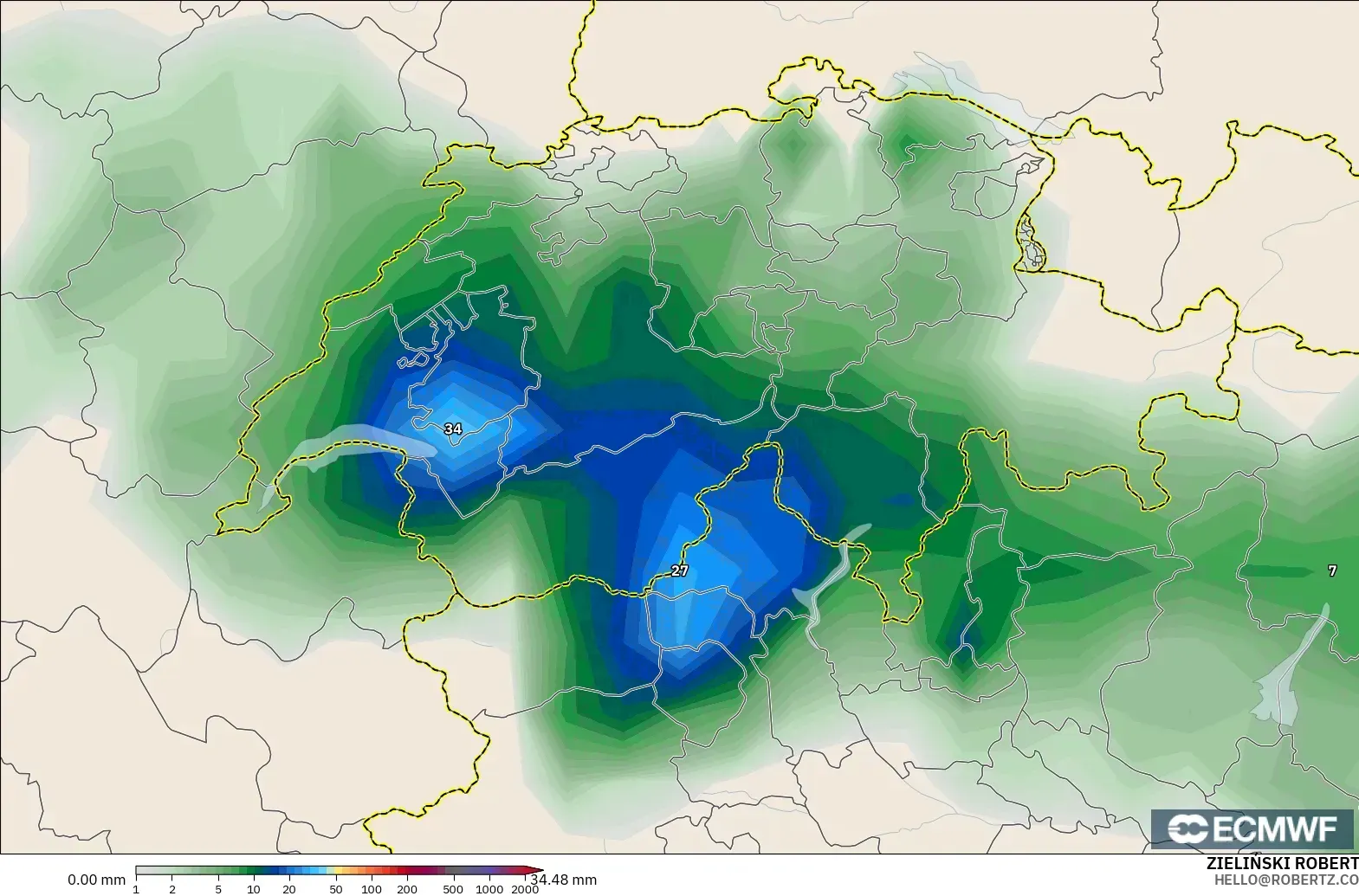 ECMWF IFS 0.25° model - Switzerland, Precipitation Accumulation