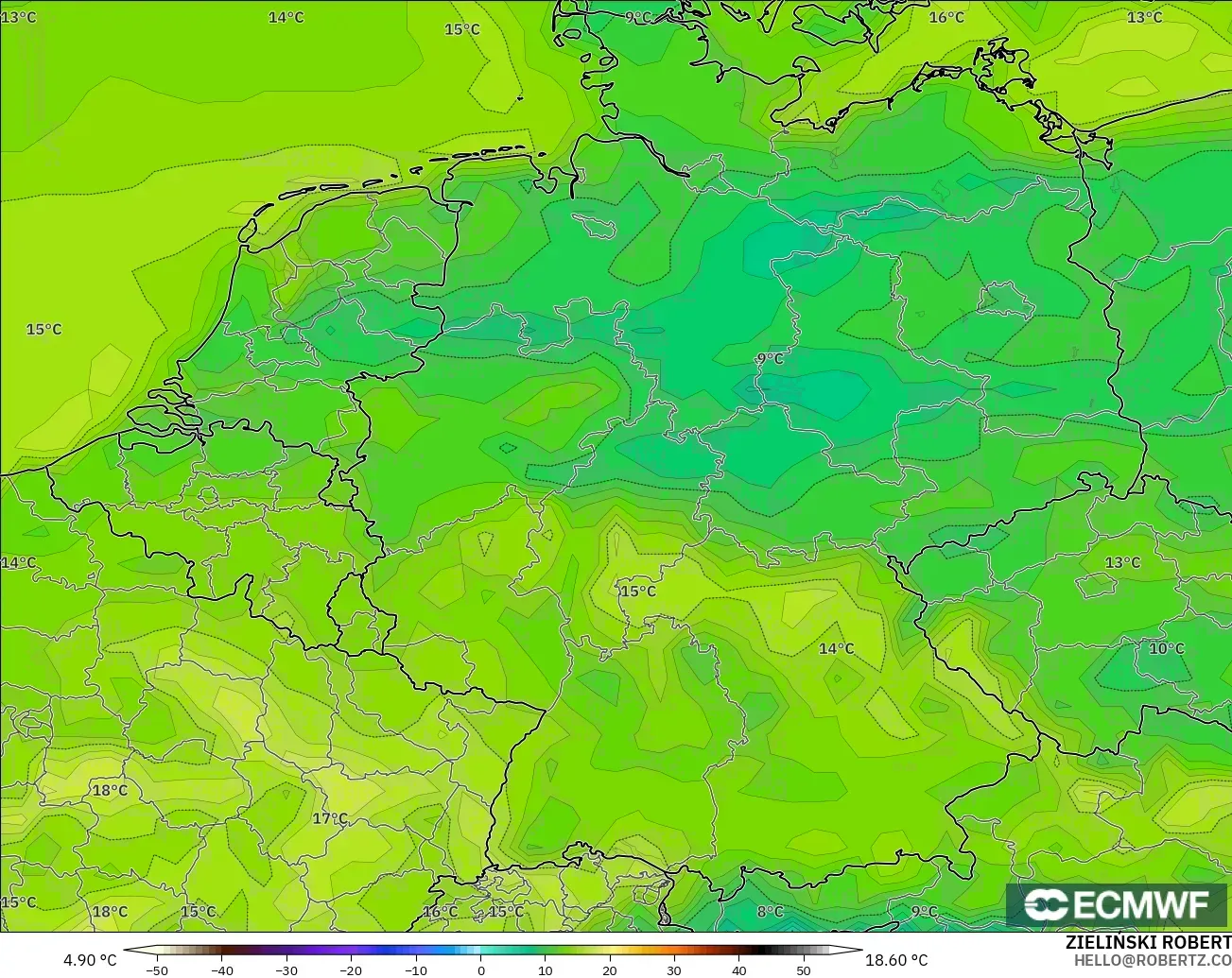 ECMWF IFS 0.25° model - Germany, Dewpoint at 2m
