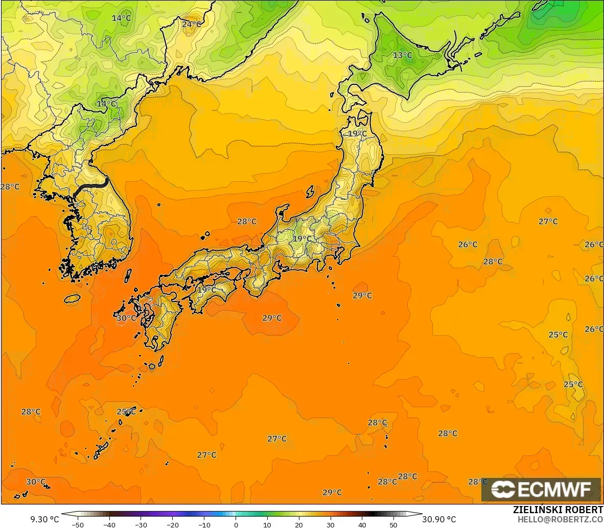 ECMWF IFS 0.25° model - Japan, Temperature at 2m