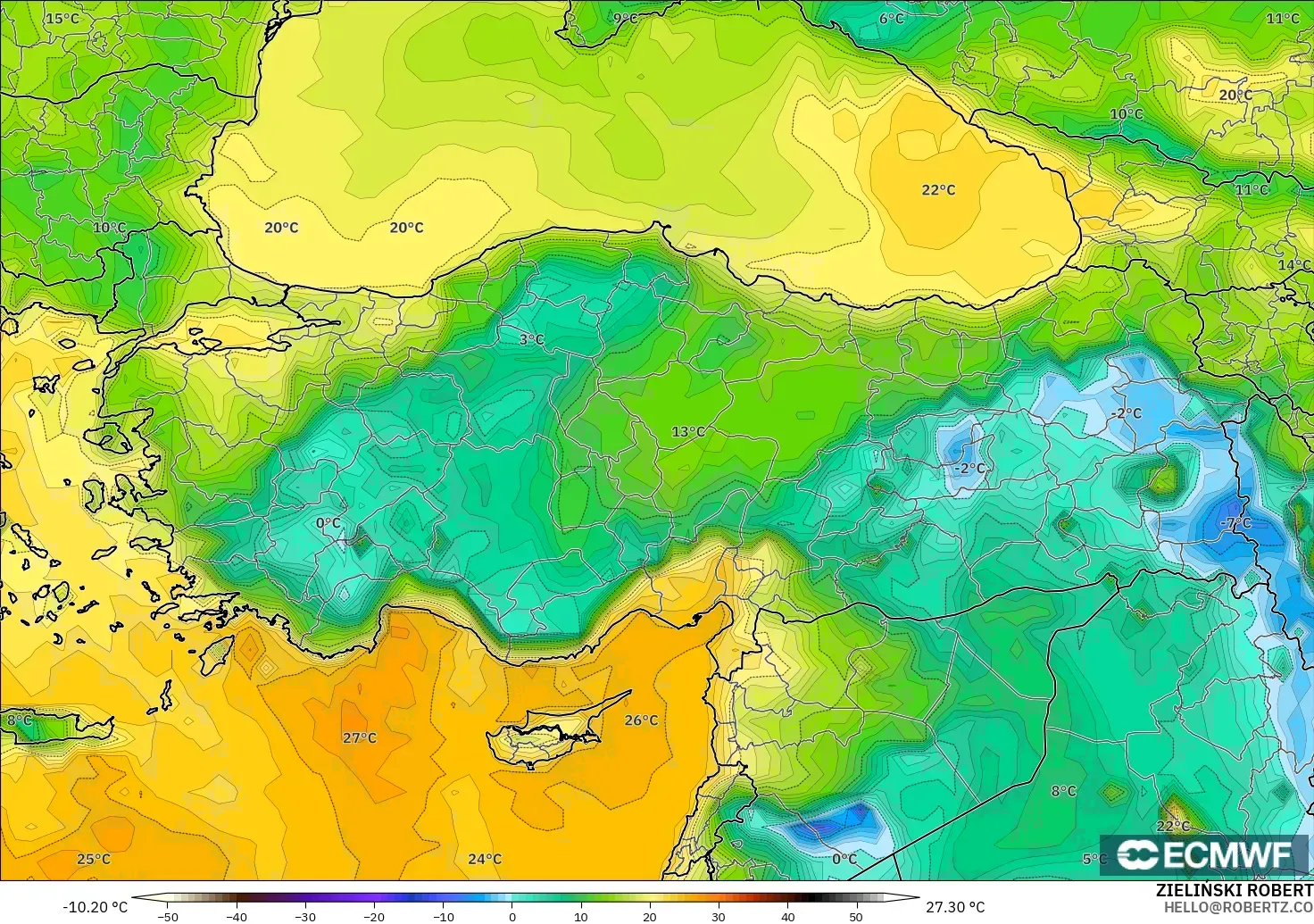 ECMWF IFS 0.25° model - Turkey, Dewpoint at 2m