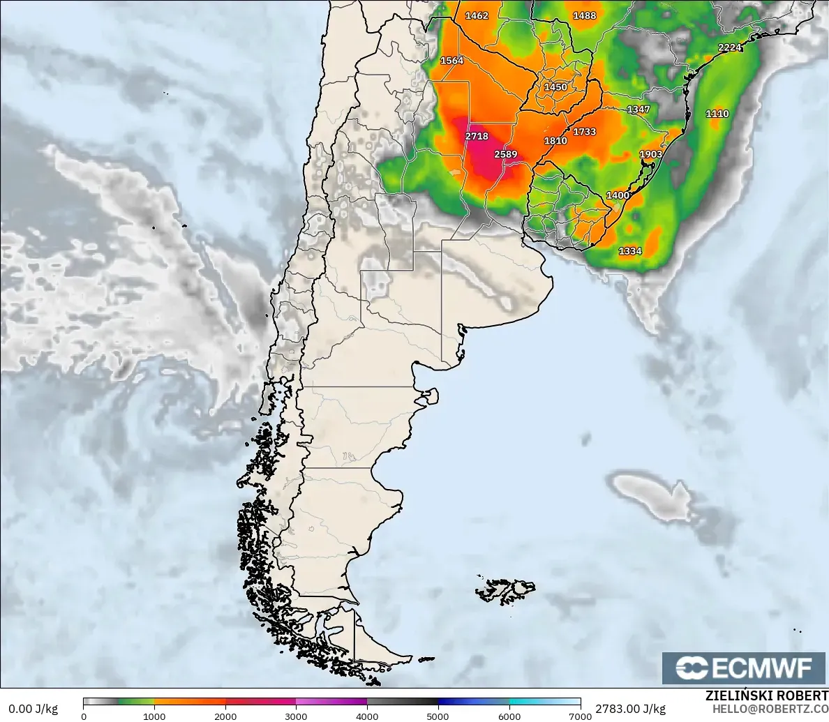 ECMWF IFS 0.25° model - Argentina, CAPE