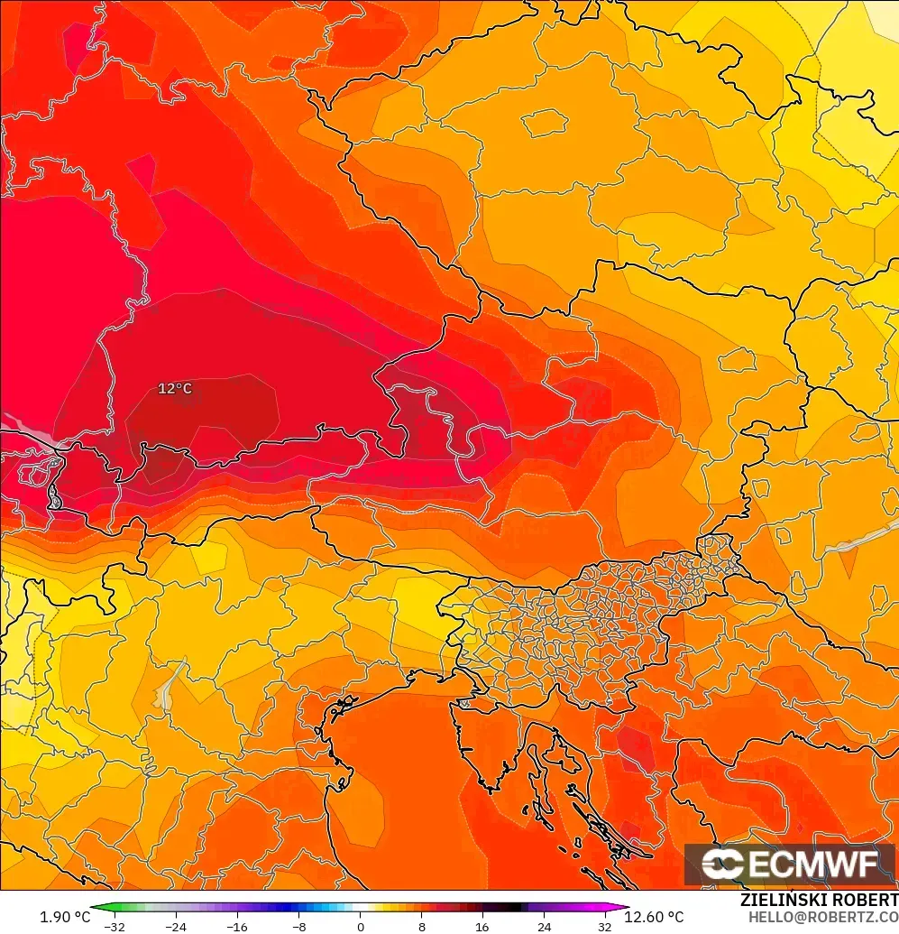 ECMWF IFS 0.25° model - Austria, Temperature at 850hPa Anomaly