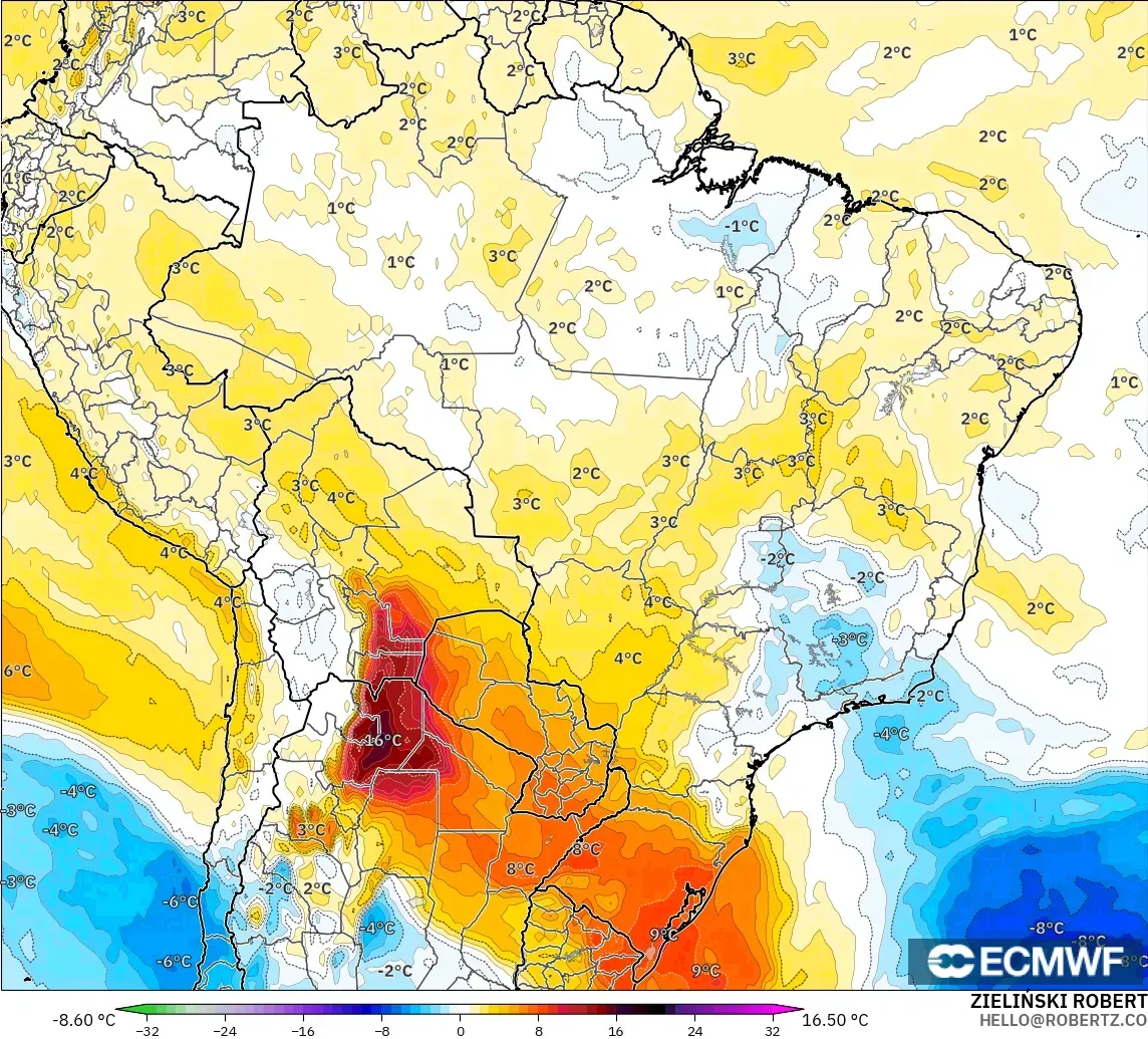 ECMWF IFS 0.25° model - Brazil, Temperature at 850hPa Anomaly