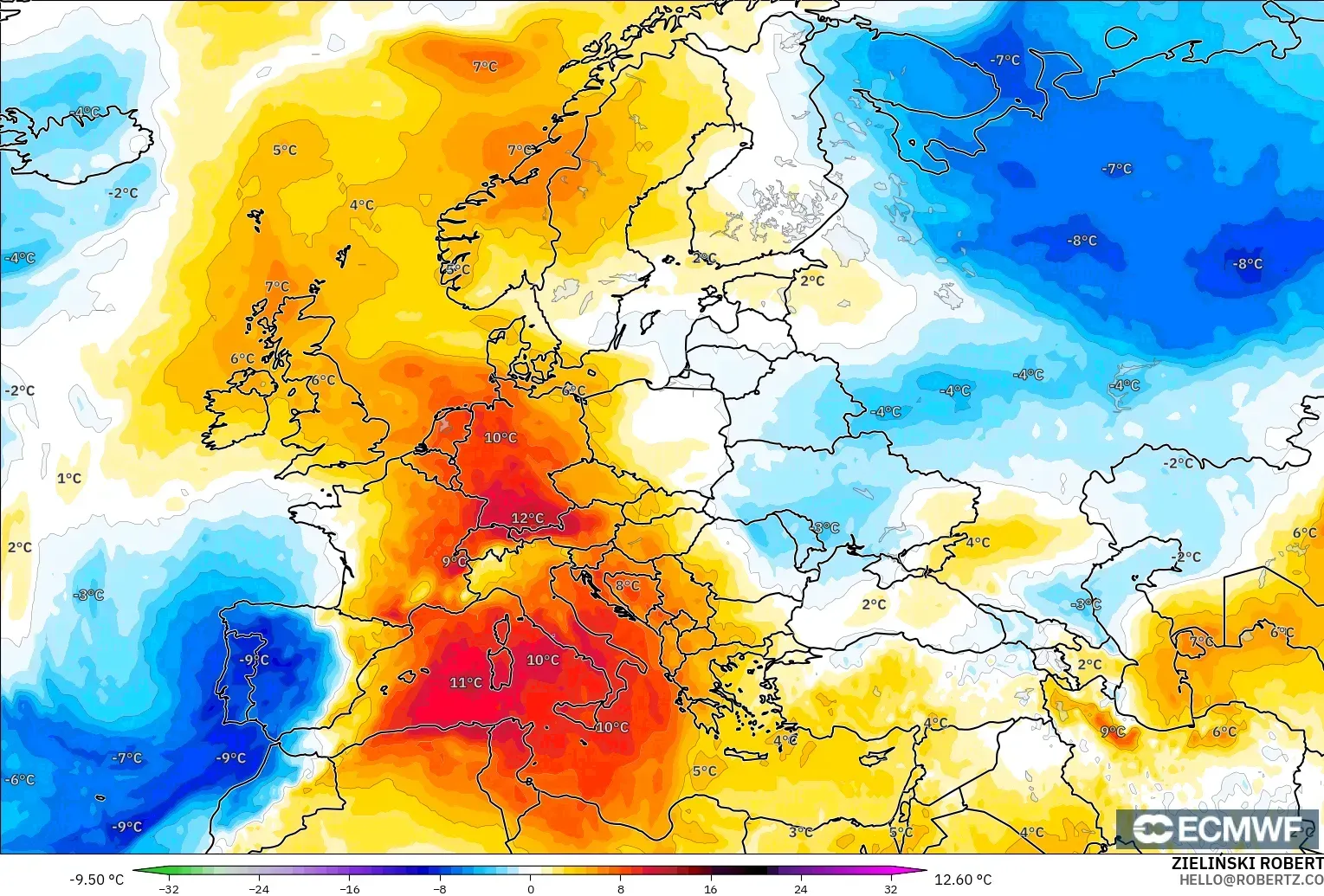 ECMWF IFS 0.25° model - Europe, Temperature at 850hPa Anomaly