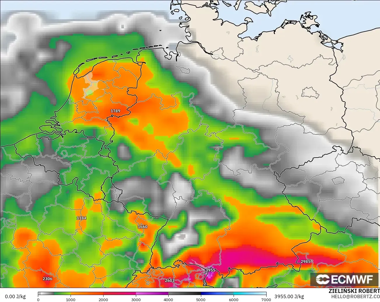 ECMWF IFS 0.25° model - Germany, CAPE